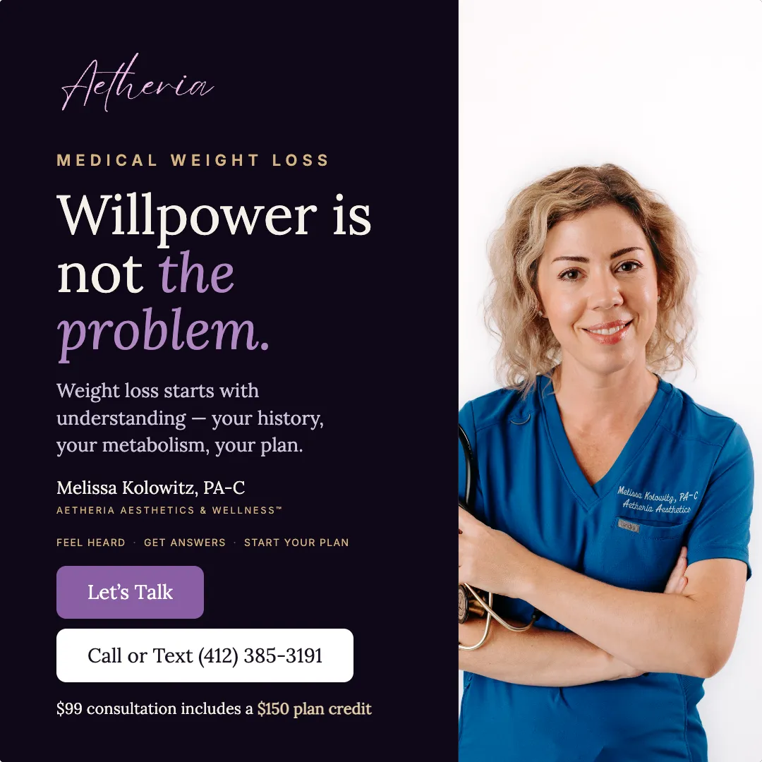Aetheria medical weight loss ad: willpower is not the problem. $99 consultation with a $150 plan credit, with Melissa Kolowitz, PA-C.